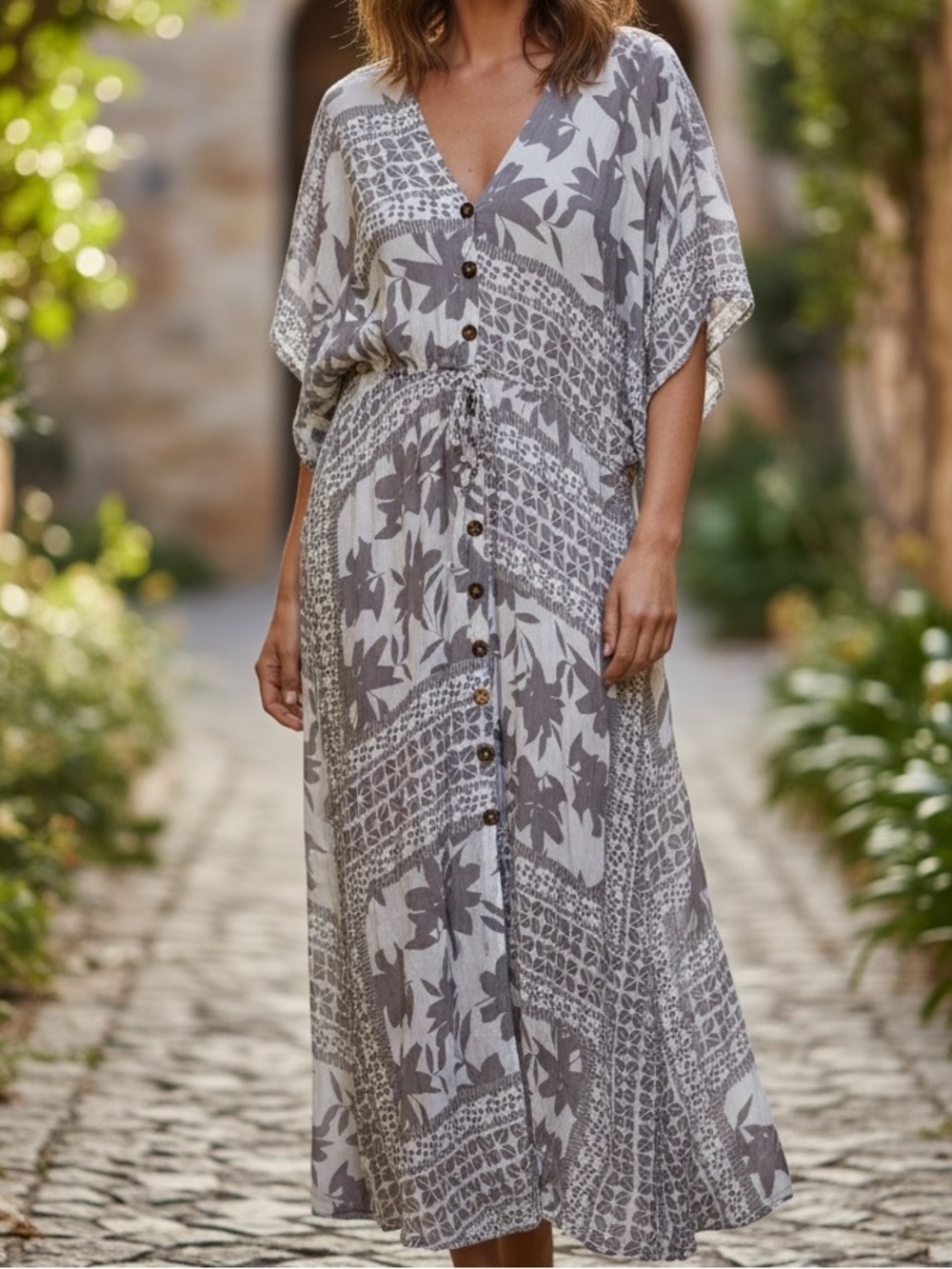 Anthropologie Olivaceous Taupe Floral & Ivory Button-Front Maxi Dress